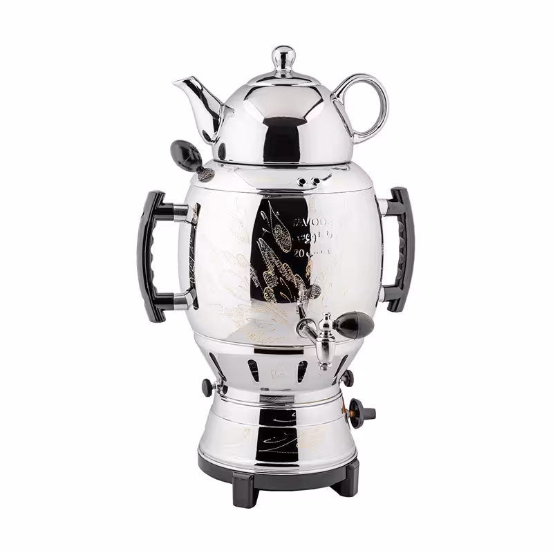 سماور گازی طاووس مدل تخم مرغی قلم زنی کروم 115-2 به همراه قوری چینی