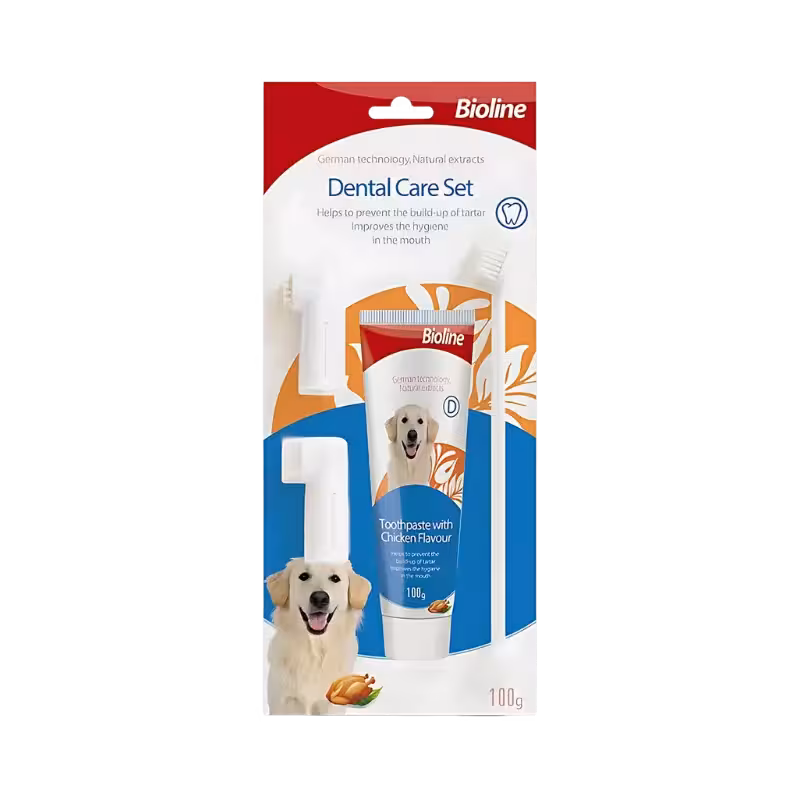 ست مسواک و خمیر دندان سگ با طعم مرغ برند Bioline بایولاین