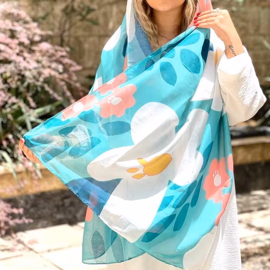 شال فیروزه ای گل دار جنس نخی  ri335