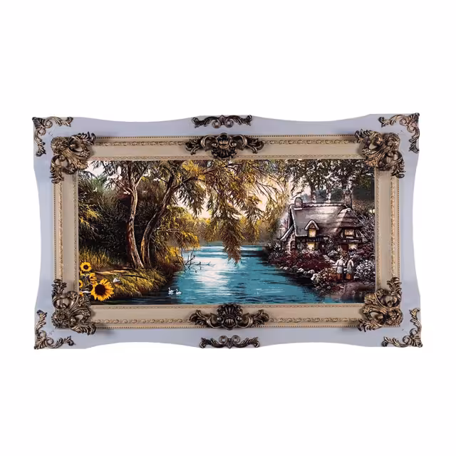 تابلو فرش ماشینی دنیای فرش طرح کلبه و برکه کد 228