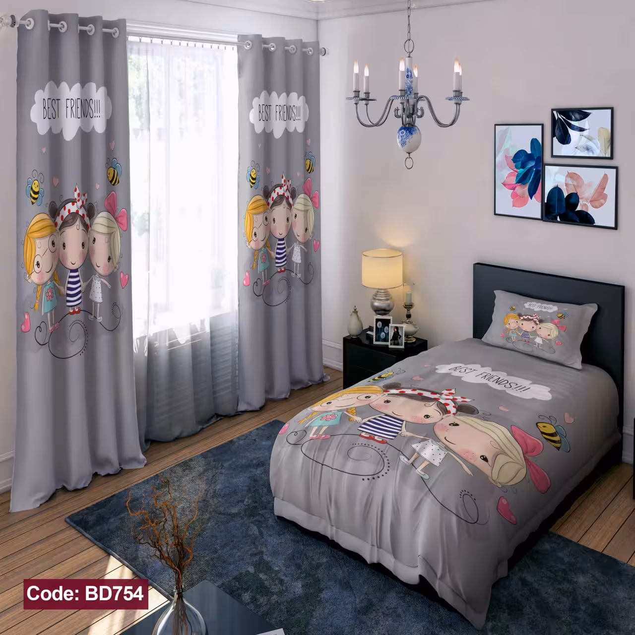 پرده پانچی مخمل چاپی دخترانه کد 754