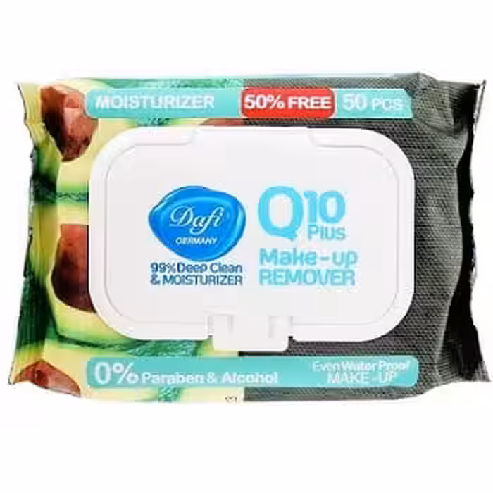 دستمال مرطوب پاک کننده آرایش دافی مدل Q10 plus حاوی عصاره آووکادو بسته 50 عددی
