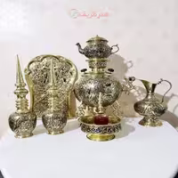 سرویس سماور 5 لیتری ذغالی برنجی جهان نما دسته توری (3 پایه)