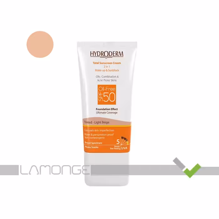 کرم ضد آفتاب SPF50 بژ روشن هیدرودرم مناسب پوست چرب حجم 40 میلی لیتر