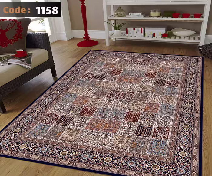 کاورفرش روفرشی دورکشدار گوشه لیفه ای لاکی ، آبی و متنوع کد 1158