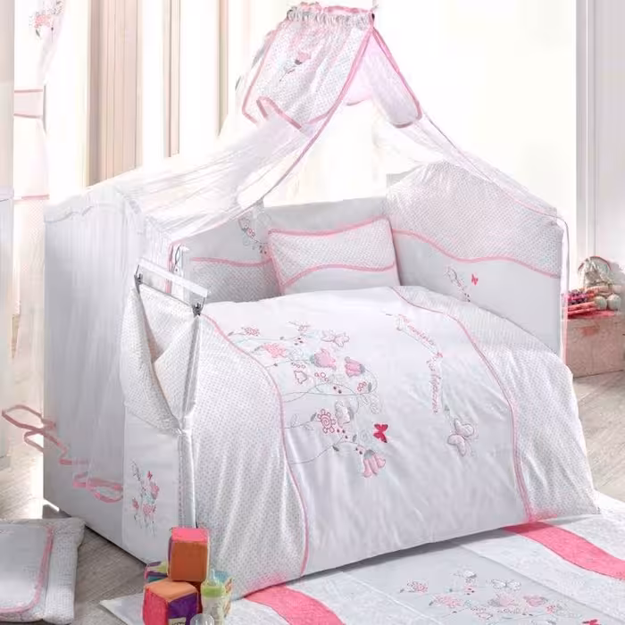 سرویس خواب نوزادی کیدبو  اورجینال ترکیه  9  تکه سفید صورتی طرح گل کارینا کیدبو Kidboo مدل carina