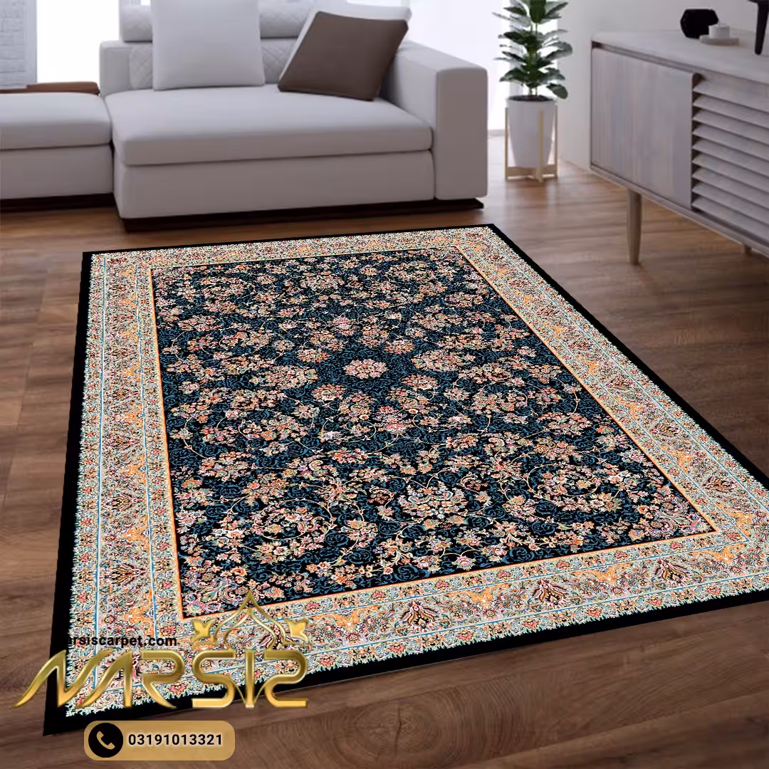 فرشینه فرش افشان طرح زنبق سرمه ای کد 9039