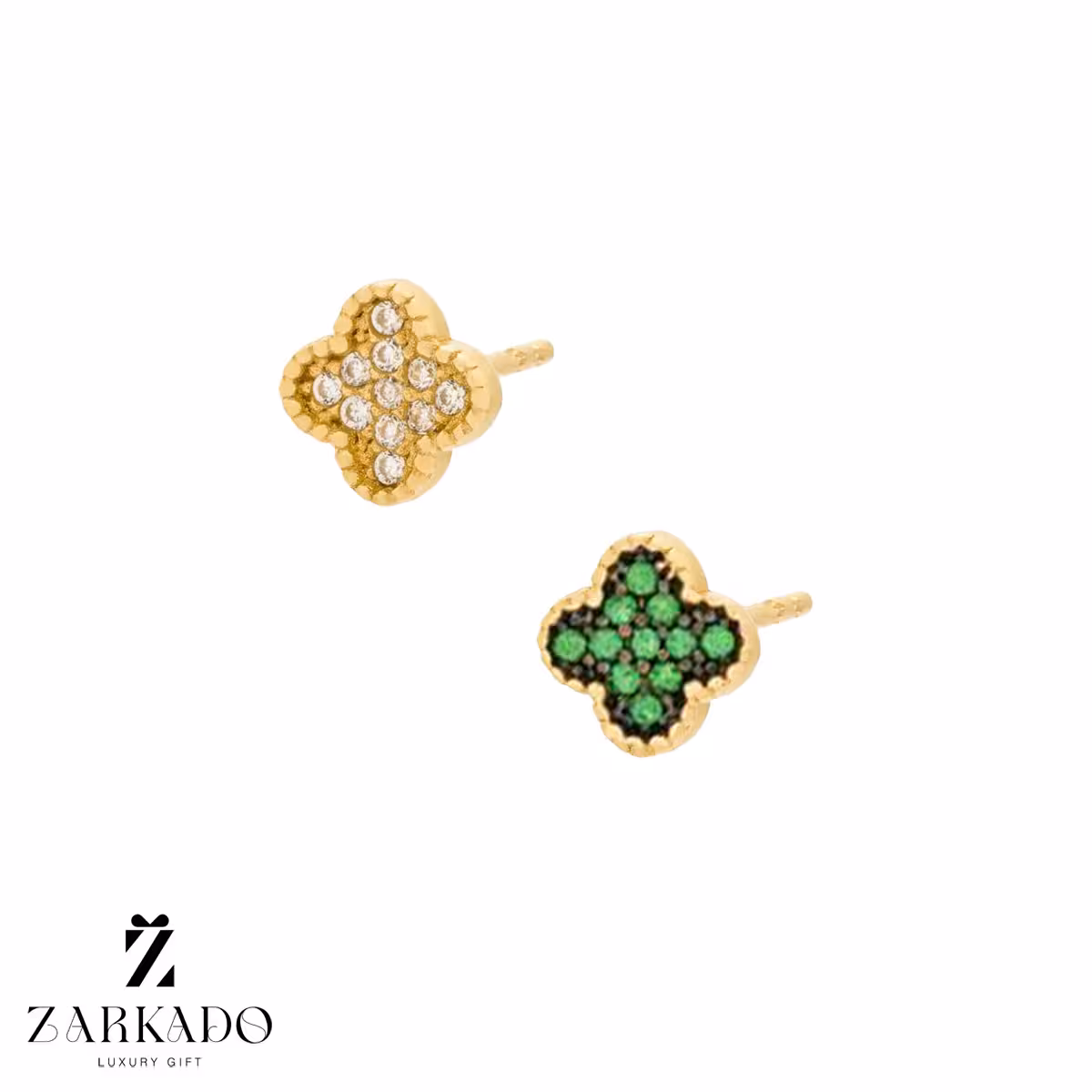 گوشواره میخی طلا ونکلیف با نگین سبز و سفید کد E14524