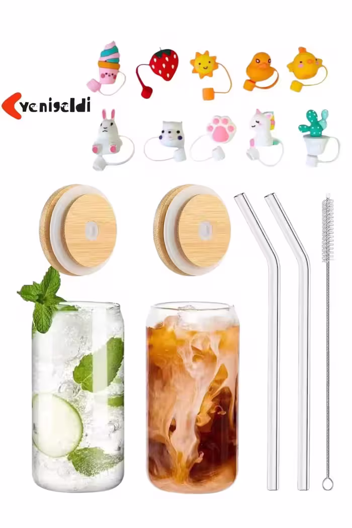 2 عدد لیوان بامبو با درب حرارت‌دیده و دو نی (2 درب نی، 2 نی شیشه‌ای و 1 برس) - 10321