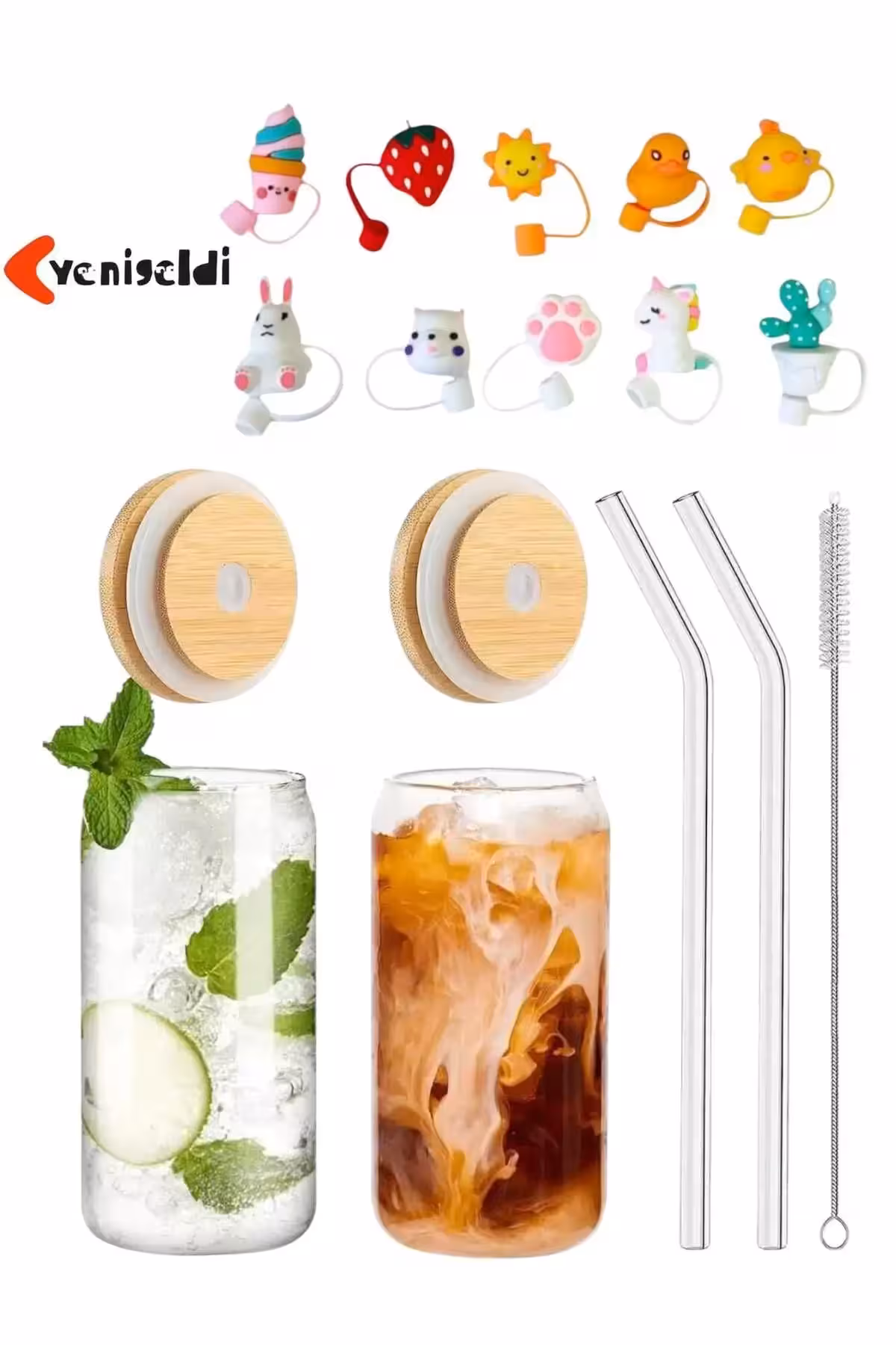 2 عدد لیوان بامبو با درب حرارت‌دیده و دو نی (2 درب نی، 2 نی شیشه‌ای و 1 برس) - 10321