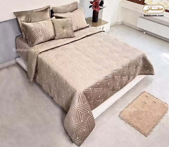 روتختی دو نفره مخمل 7 تکه طرح لئون نسکافه ای