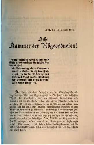 خرید و دانلود نسخه کامل کتاب Ehrerbietigste Vorstellung und Bitte der Gemeinde-Collegien der Stadt Hof die Erbauung einer Locomotiv-Eisenbahn durch das Fichtelgebirge in der Richtung von Süd nach Nord zur Verbindung der Ostbahn mit der Ludwigs-Süd-Nord-Bahn betr.