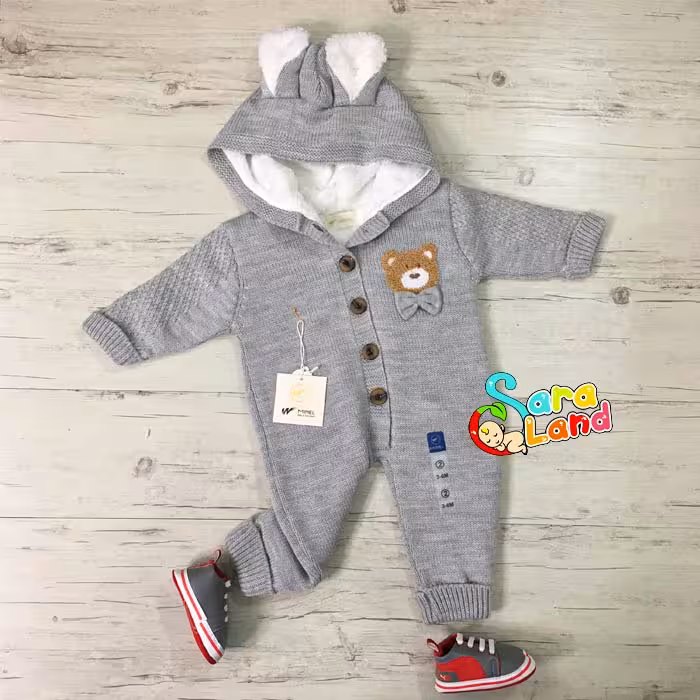 بافت سرهمی داخل خز طرح خرس پاپیون دار طوسی