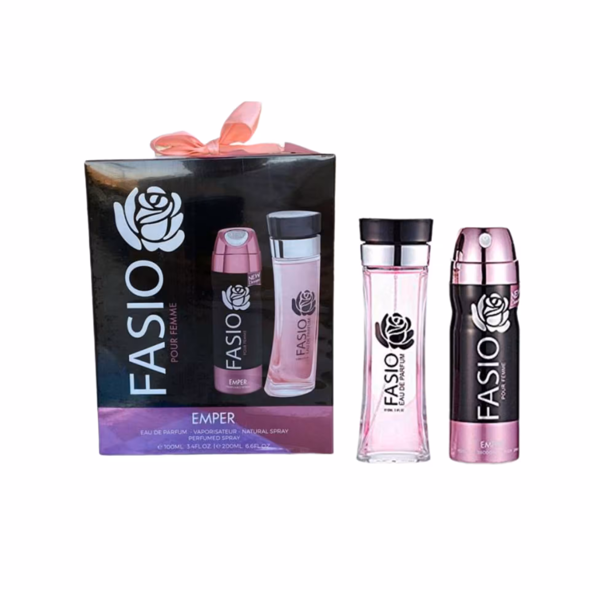 ادکلن زنانه امپر مدل فاسیو پور فیم همراه اسپری حجم 100 میل