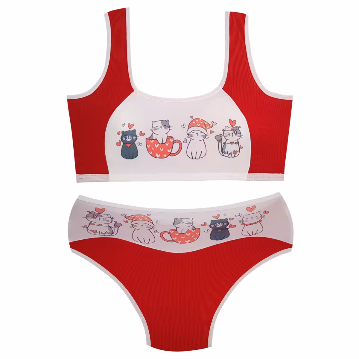 ست شورت و نیم تنه دخترانه گربه و فنجان مدل پددار قرمز کد 5164-4