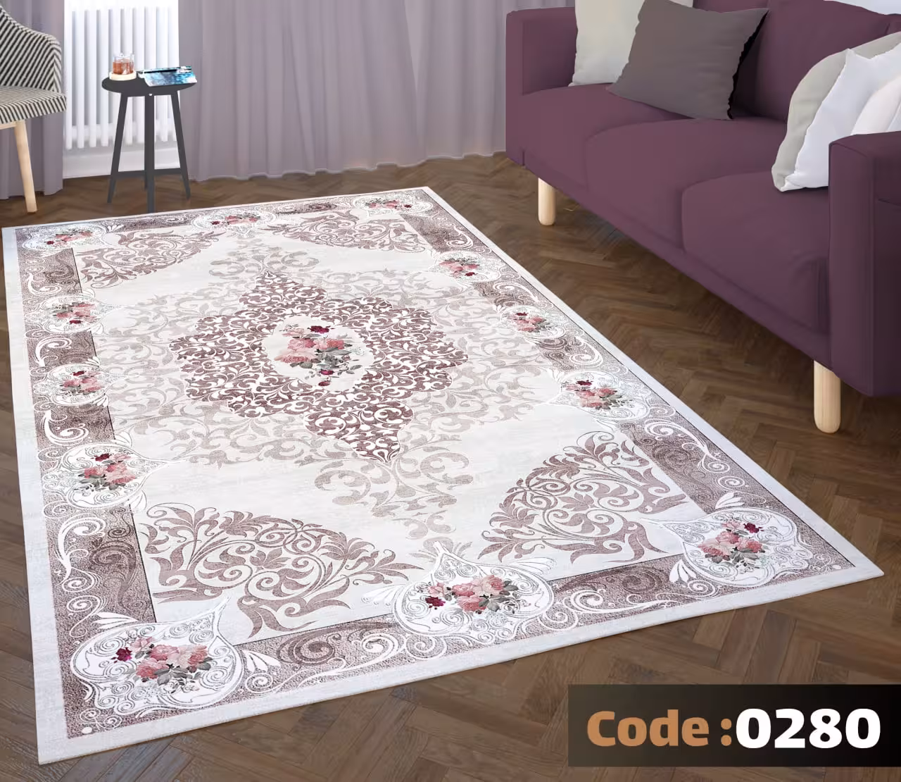 کاورفرش روفرشی دورکشدار گوشه لیفه ای طوسی کرم کد 0280