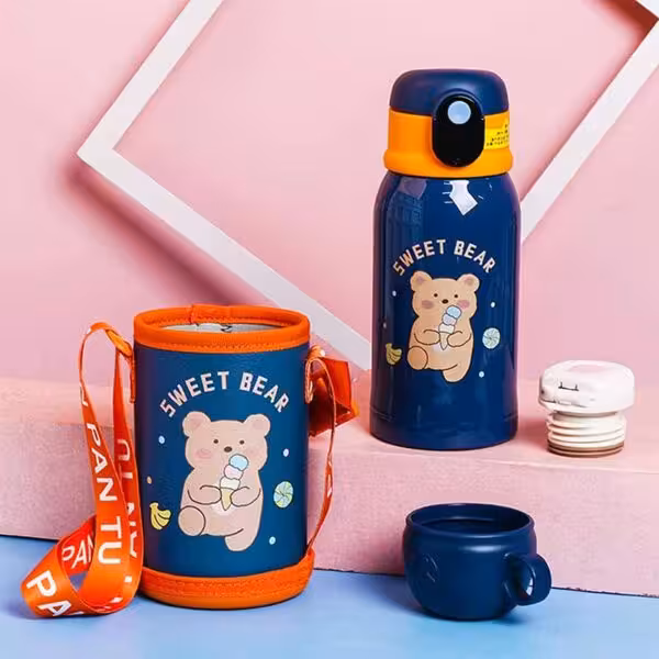 فلاسک و قمقمه نی دار 500 میلی لیتر دماسنج دار lucky طرح خرس