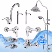 ست 9 عددی شیرآلات برند آیدا صنعت مدل قهرمان اردکی | شیر ظرفشویی   دو عدد شیر روشویی پایه‌بلند   شیر حمام   دو عدد شیر توالت   علم دوش یونیورست مدل شیپوری   دو شلنگ توالت | کروم براق