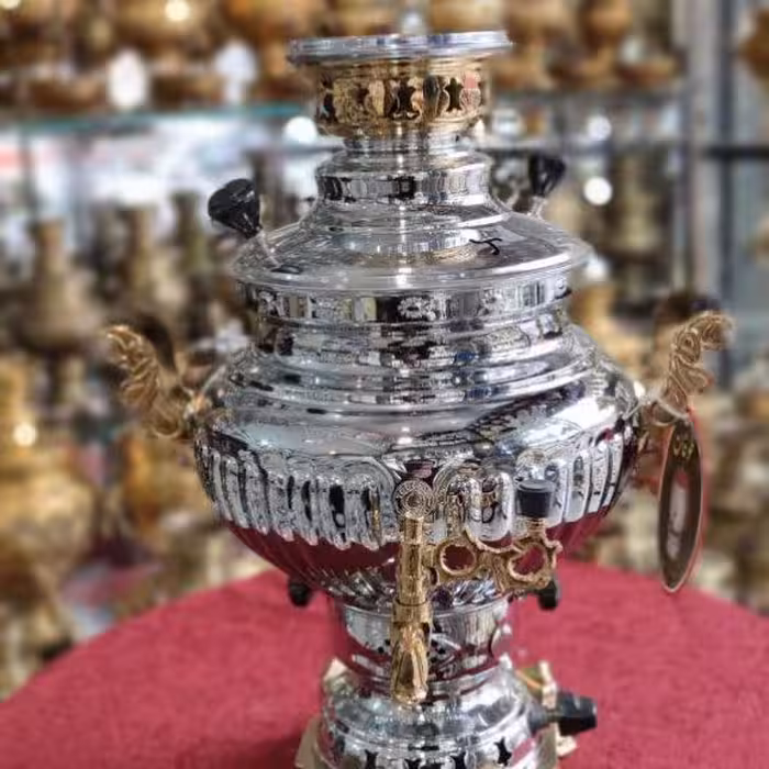 سماور گازی طوفان مدل عدسی ترکدار دسته طلایی