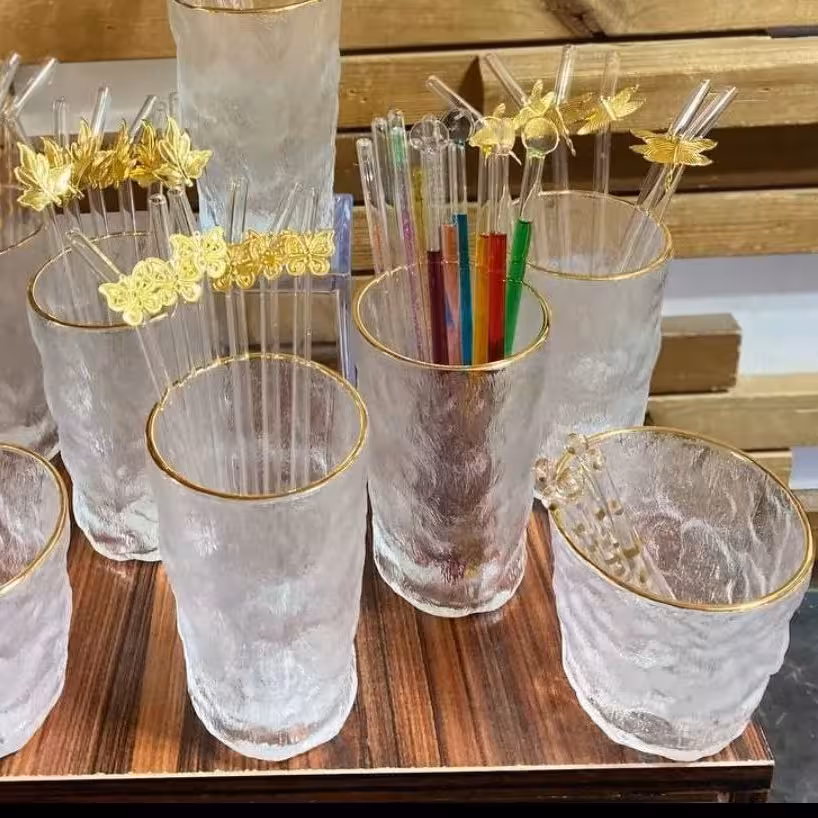 نی شربت شیشه ای پلاک دار  طرح دار