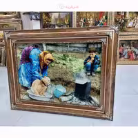 تابلو فرش دستبافت تبریز طرح حمام عشایر، چله ابریشم و رج 50، مارکدار، رنگ طبیعی و درجه 1