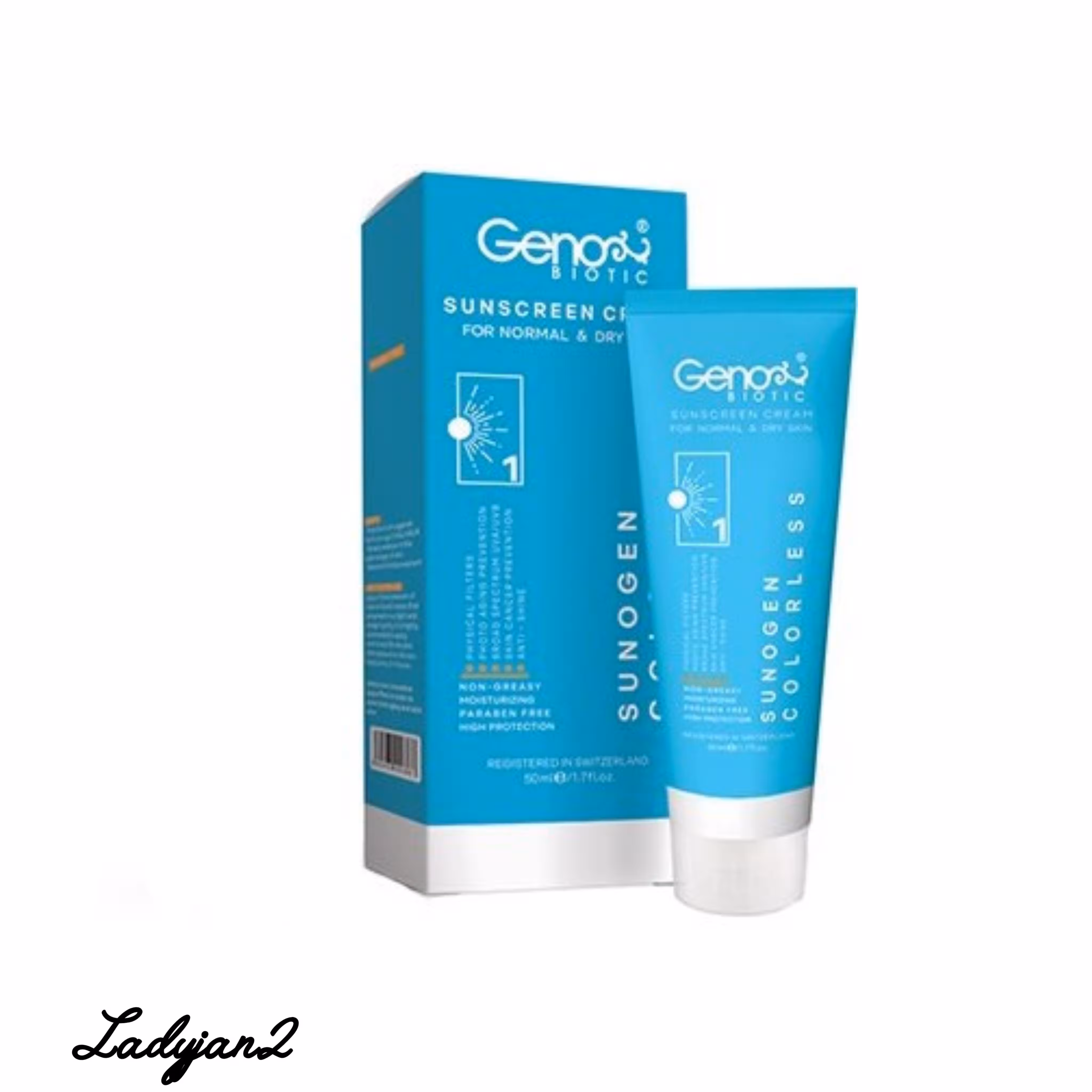 کرم ضد آفتاب بدون رنگ ژنوبایوتیک مدل01 SPF 50  مناسب پوست های خشک و معمولی حجم 50 میلی‌لیتر