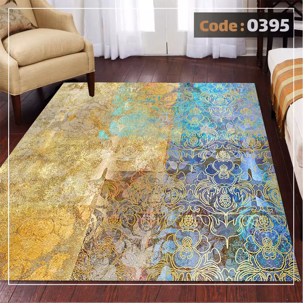 کاورفرش روفرشی دورکشدار گوشه لیفه ای لاکی ، آبی و متنوع کد 0395