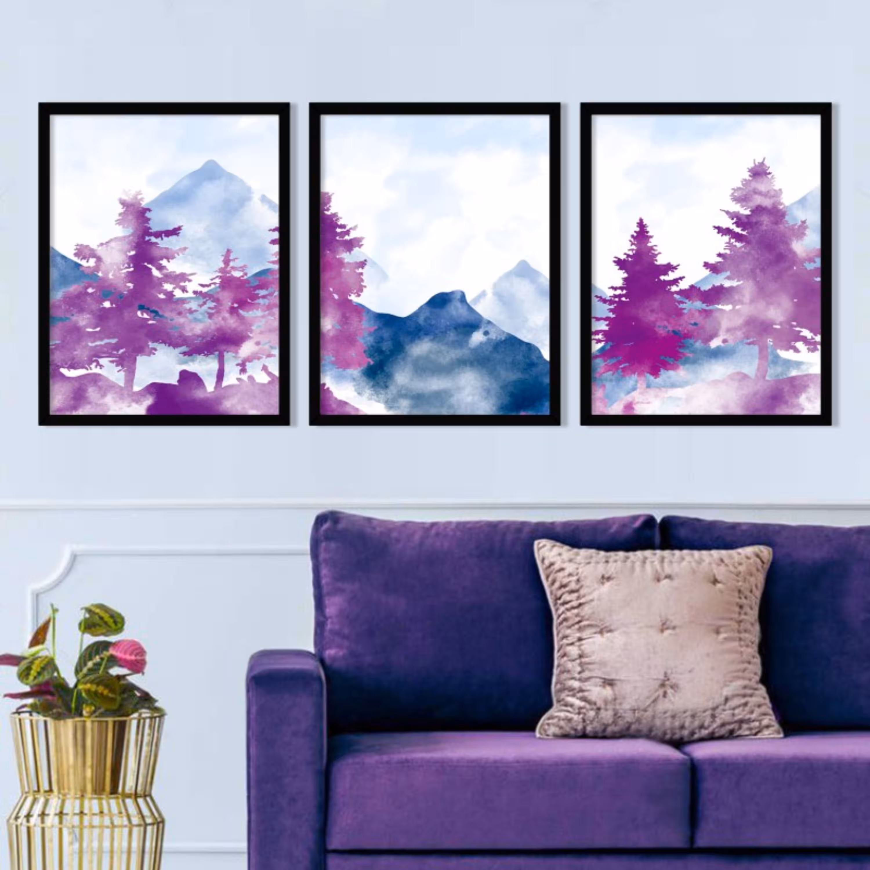 تابلو دکوراتیو طرح نقاشی آبرنگ کوهستان مجموعه 3 عددی سایز 50 در 70