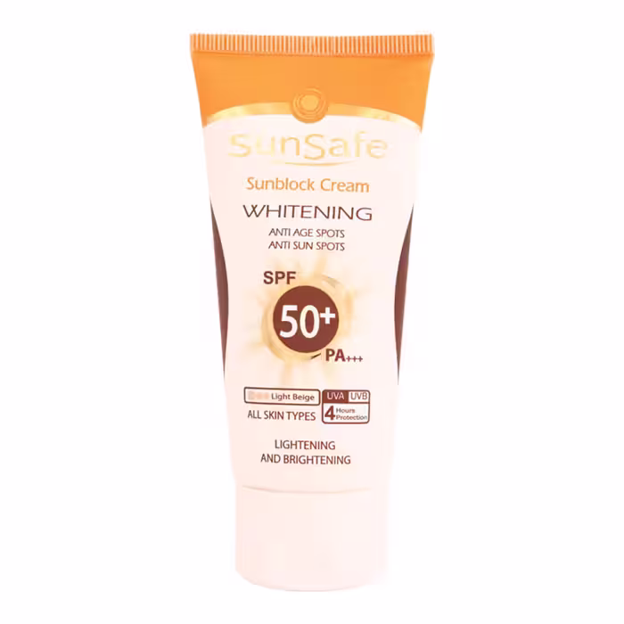 کرم ضد آفتاب روشن كننده SPF50 برند سان سیف مناسب انواع پوست رنگ بژ روشن