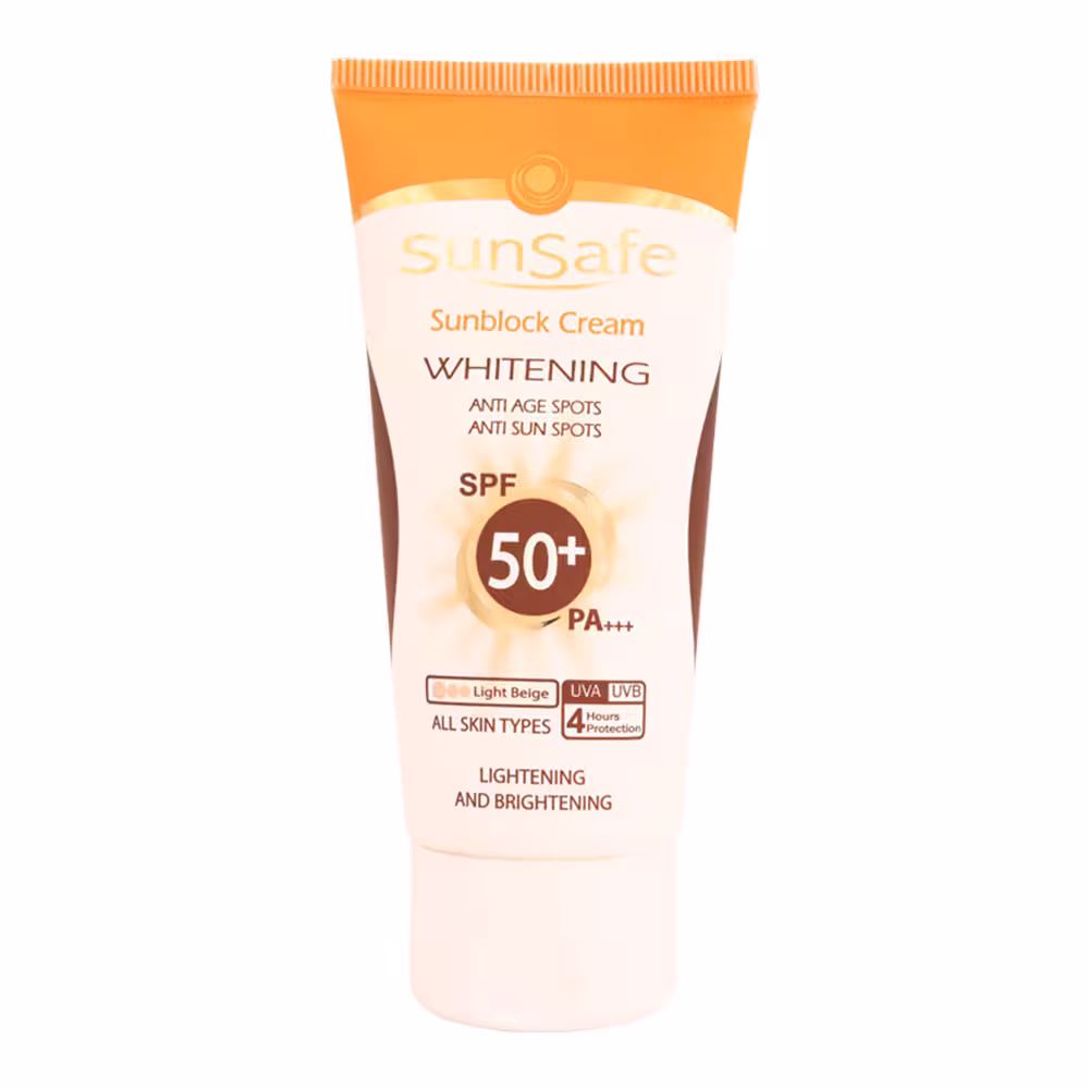 کرم ضد آفتاب روشن كننده SPF50 برند سان سیف مناسب انواع پوست رنگ بژ روشن