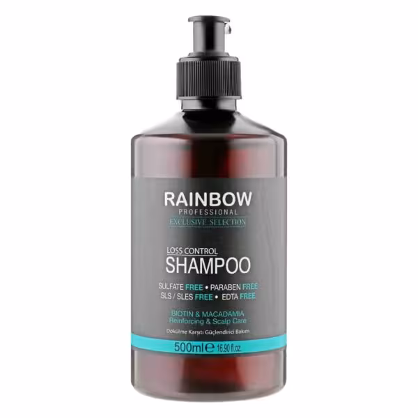شامپو بدون سولفات Rainbow مناسب موهای کراتین شده و آسیب دیده حجم 500 میل ساخت ترکیه مدل Biotin & Macadamia