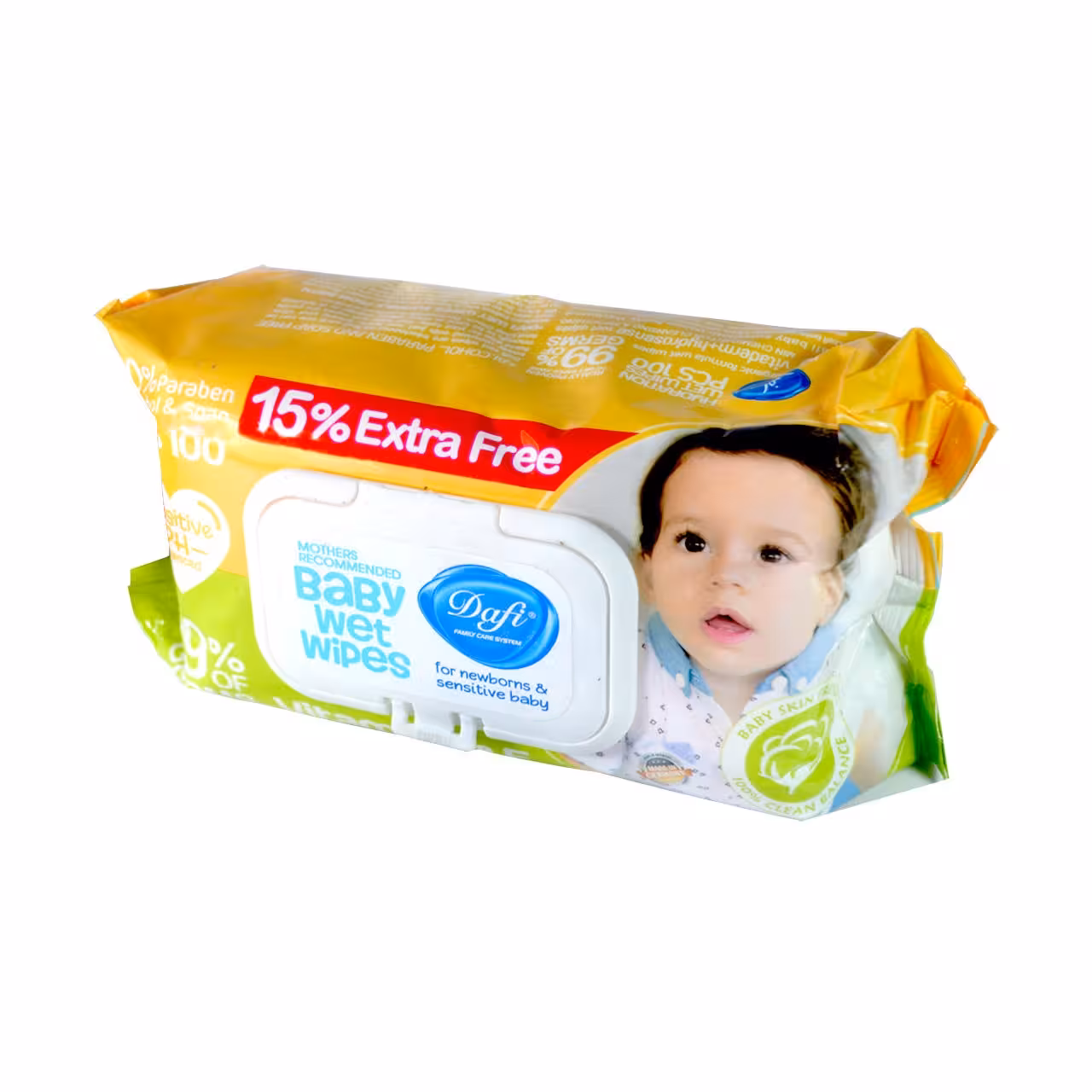دستمال مرطوب پاک کننده کودک دافی مدل Extra زرد بسته 100 عددی