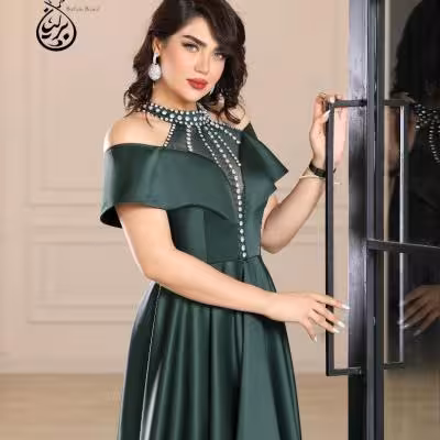 پیراهن مهمانی زنانه ساتن آمریکایی نگین دوزی شده مدل نهال