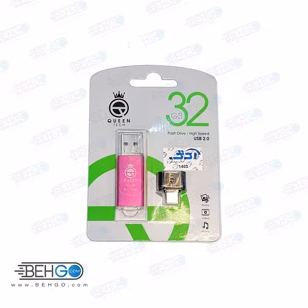 فلش مموری کوئین تک مدل ظرفیت 32 گیگابایت به همراه مبدل type-C اصلی گارانتی شرکتی
