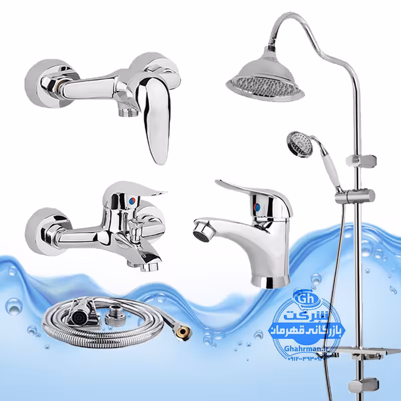 ست 5 عددی شیرآلات برند آیدا صنعت مدل قهرمان | شیر روشویی   شیر توالت   شیر حمام   شلنگ توالت   علم دوش شیپوری | کروم براق