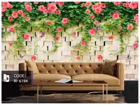 پوستر دیواری طرح دیوار آجری با گلهای صورتی