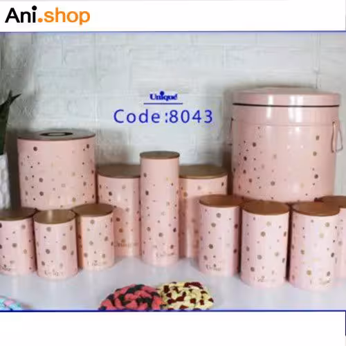 ست 12 پارچه جا ادویه فانتزی صورتی خالدار طلا درب بامبو مدل UN-8043 کد 221