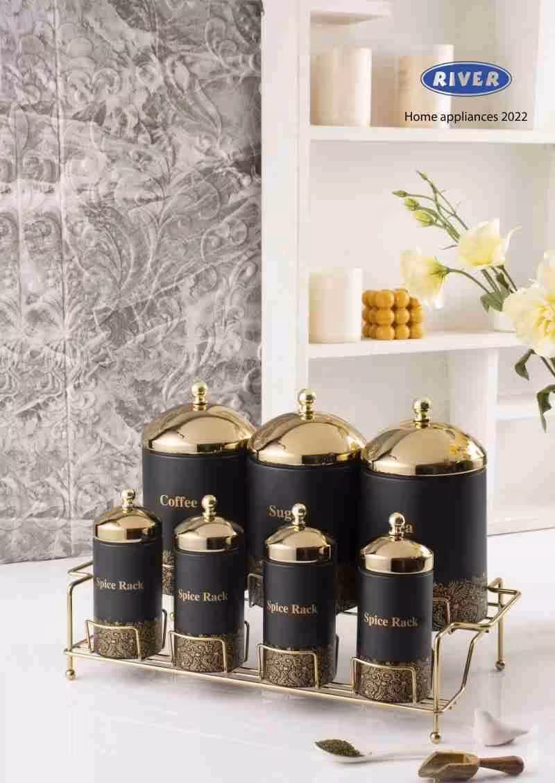 سرویس ادویه و پاسماوری 8 پارچه مشکی درب طلا استند طلا ریور کد 8232