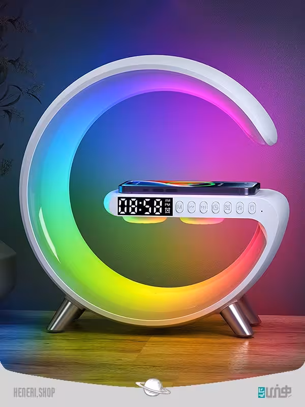 اسپیکر و ساعت زنگدار RGB دار و وایرلس شارژ Speaker and alarm clock with RGB and wireless charging