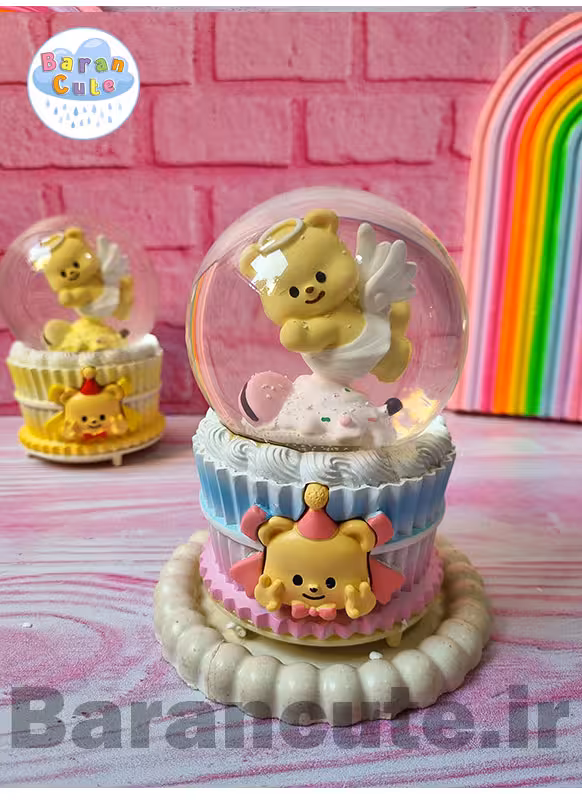 گوی موزیکال پمپی برفی چراغ دار سایز بزرگ طرح تدی فرشته صورتی