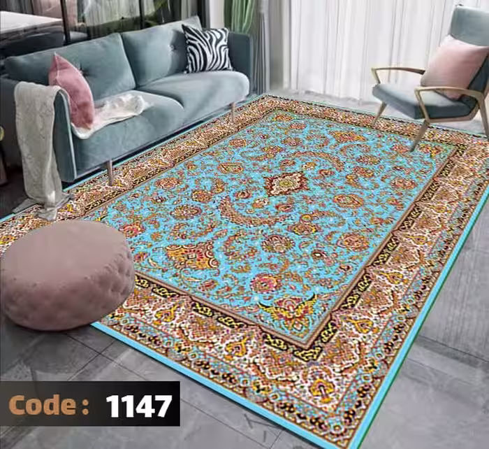 کاورفرش روفرشی دورکشدار گوشه لیفه ای لاکی ، آبی و متنوع کد 1147