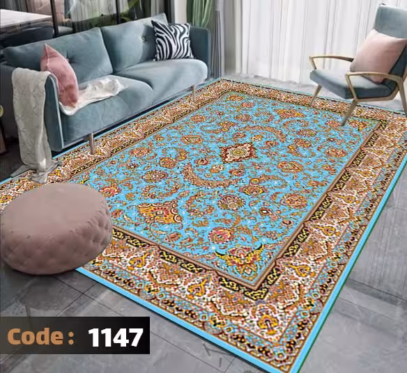 کاورفرش روفرشی دورکشدار گوشه لیفه ای لاکی ، آبی و متنوع کد 1147