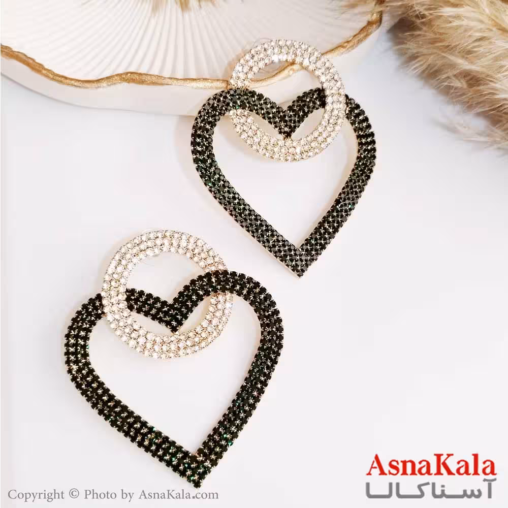گوشواره جواهری زنانه استیل مدل قلب بزرگ با نگین سبز و سفید کد GSH15322W