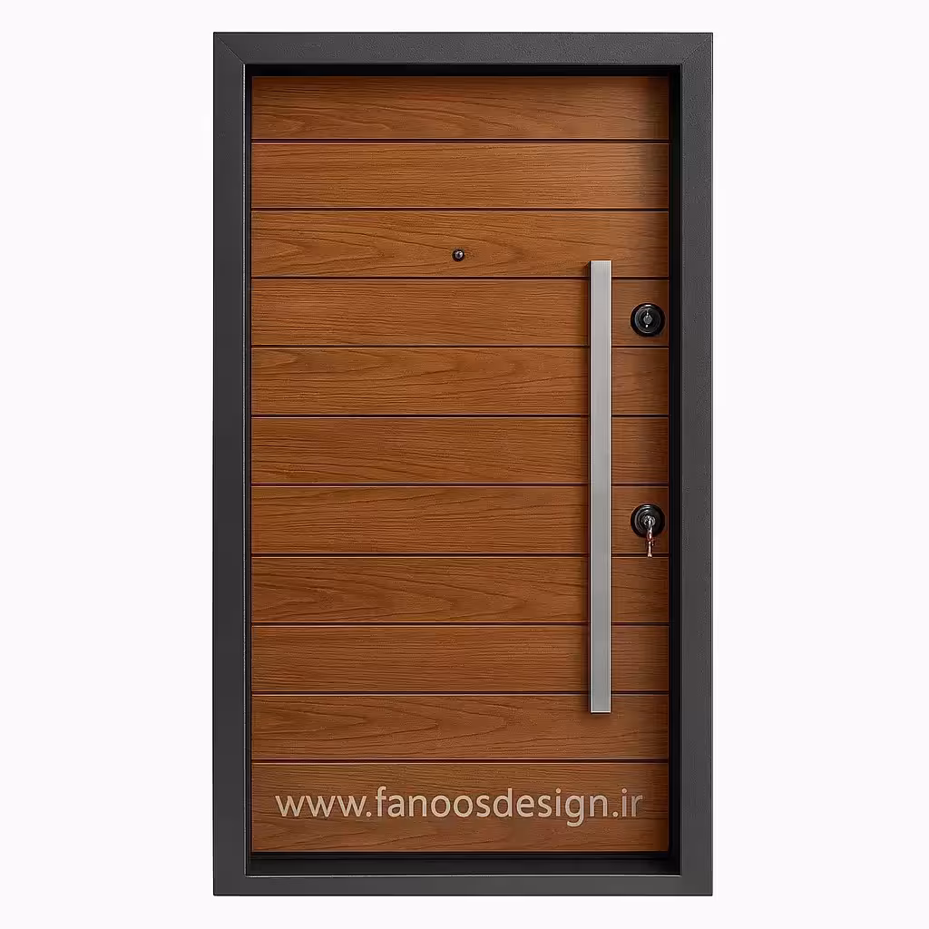 درب ضد سرقت چوبی مدرن با فریم مشکی و دستگیره استیل کد 30201