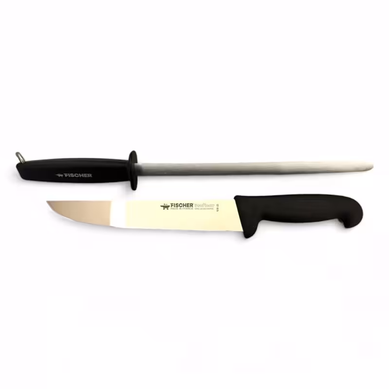 چاقوی قصابی تیغه 25 سانتی Fischer 1010-25 و مصقل قصابی 30 سانتی Fischer I125 فیشر فرانسه