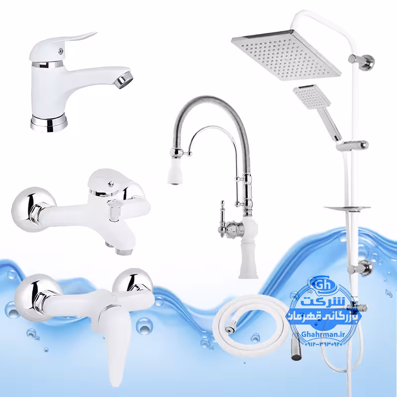 ست 6 عددی شیرآلات مدل قهرمان | شیر ظرفشویی تک‌منظوره کلاسیک فنری بیزانس شیر روشویی حمام توالت شلنگ توالت علم دوش رسوب‌گیر اتومات | سفید کروم براق