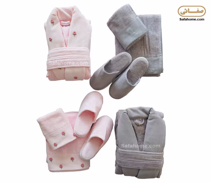 سرویس حوله عروس و داماد طرح رز طوسی و صورتی