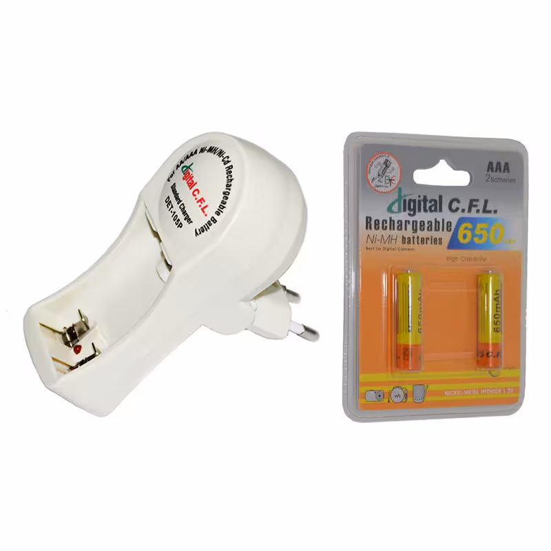 شارژر باتری سی اف ال مدل DET‑105P به همراه 2 عدد باتری نیم‌قلمی شارژی 650 mAh