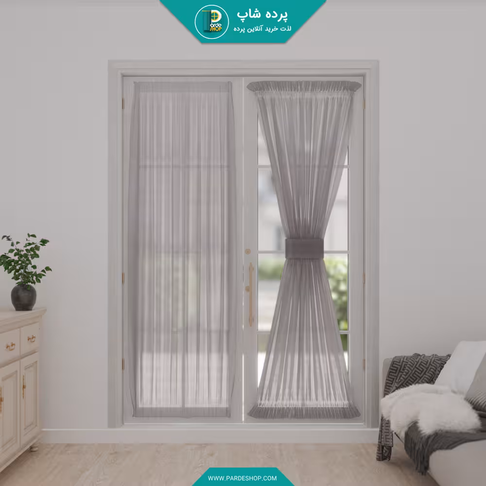 پرده پشت پنجره ای جنس تورکتان شاین رنگ طوسی روشن