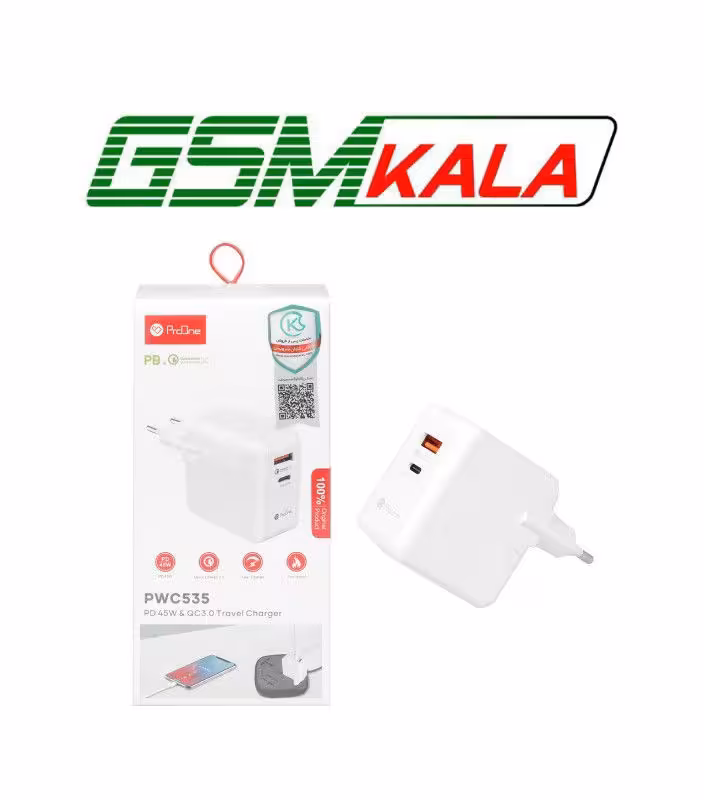 شارژر دیواری 45W فست و PD دو پورت ProOne مدل PWC535 - سفید